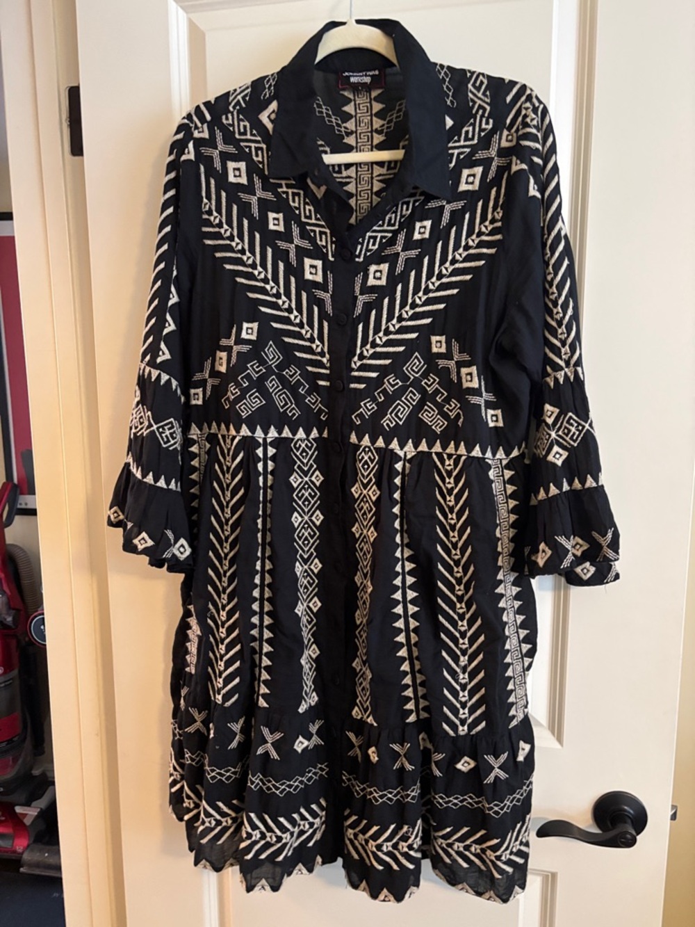 Johnny Was Black Tunic with White Geometric Embroidery